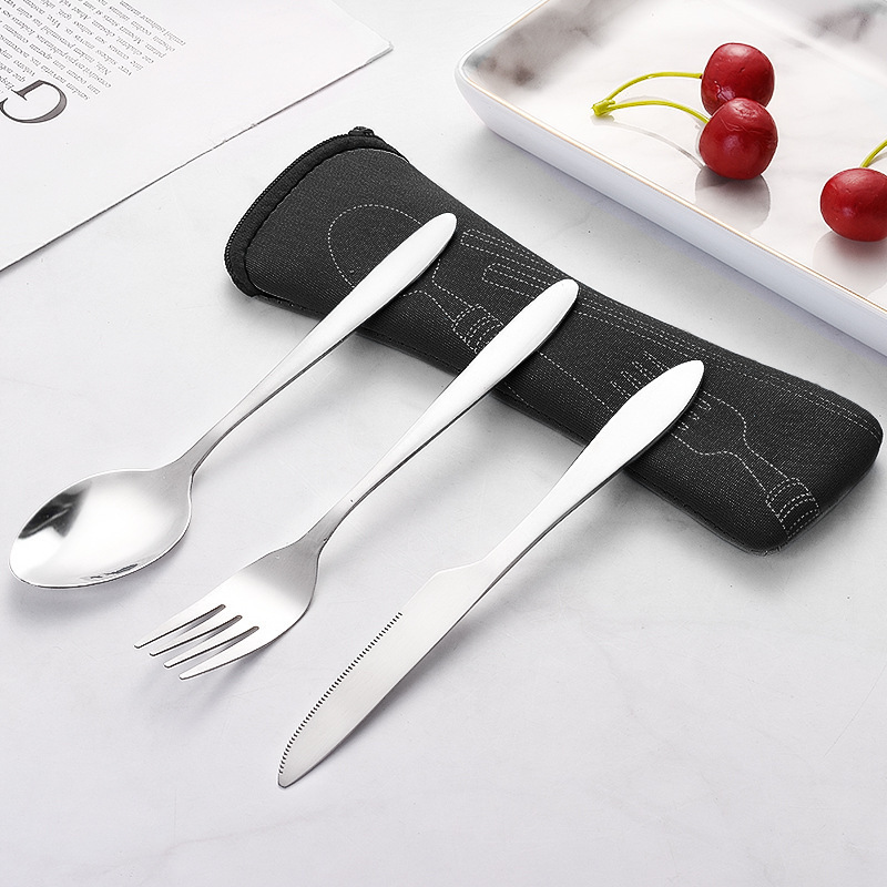 Cross-Border Supply Stainless Steel Portable Western Tableware Steak Knife, Fork and Spoon Three-Piece Set Storage Bag Gift Set Printing