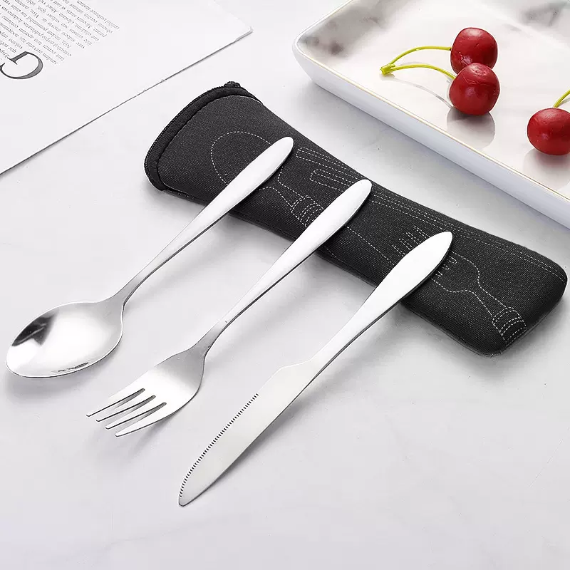 跨境货源不锈钢便携西餐具牛排刀叉勺三件套收纳布袋礼品套装印刷