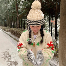 现货韩国小众feve*r同款圣诞新年麋鹿毛衣外套拉链针织开衫24秋冬