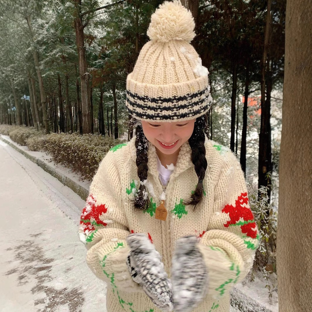 现货韩国小众feve*r同款圣诞新年麋鹿毛衣外套拉链针织开衫24秋冬