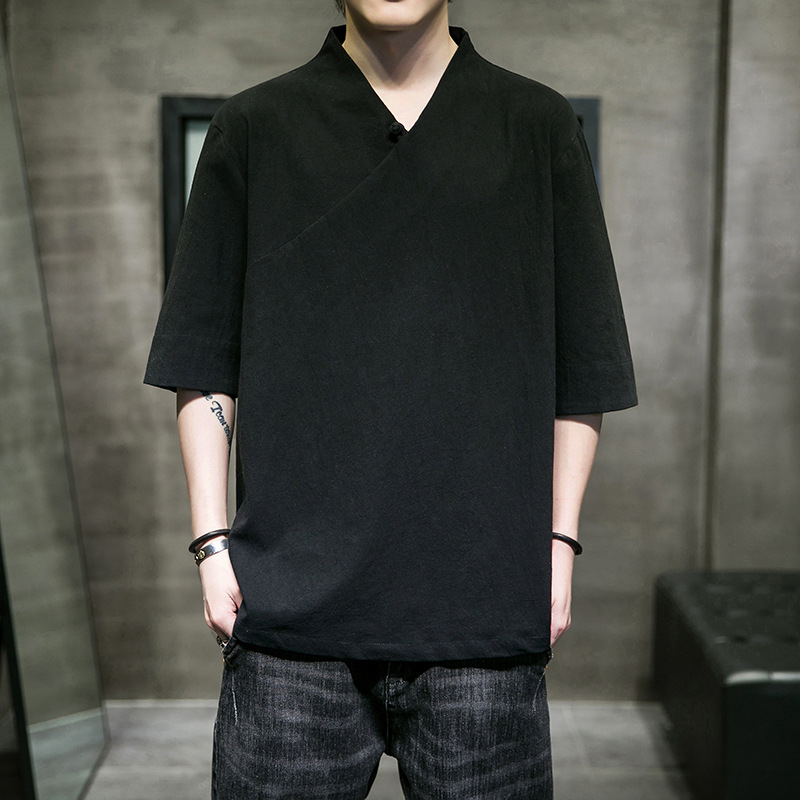 2023 Chinese Style Summer Men's Cotton and Linen Short-sleeved T-shirt Youth Large Size Pullover V-neck Linen Tang Suit Hanfu T-shirt
