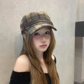 英伦风格子气质毛呢马术帽女秋冬季羊毛百搭骑士帽复古画家报童帽