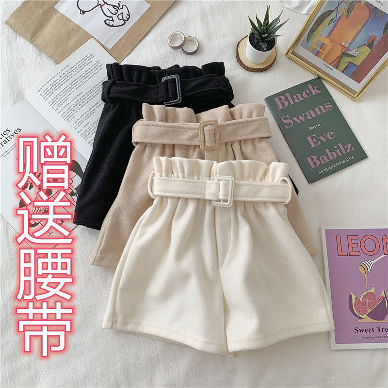 秋冬季新款韩版毛呢阔腿高腰显瘦a字短裤女直筒外穿打底厚靴裤潮