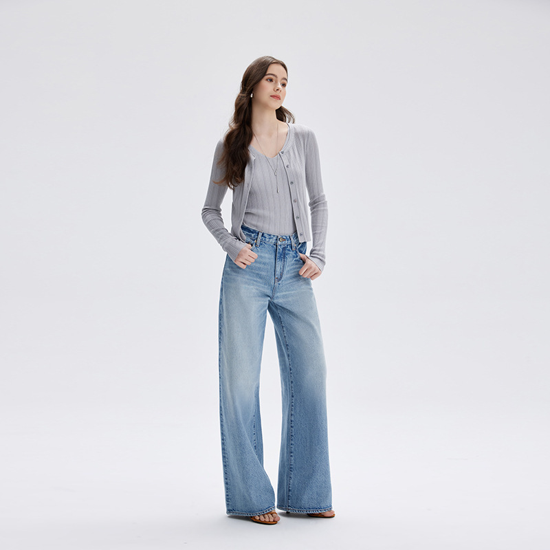 Mbb2026 Spring and Summer High-End Women's Jeans, Loose High-Waisted Light-Colored Floor-Length Pants, Versatile Wide-Leg Straight Pants