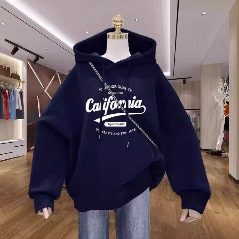 Autumn Hooded Sweatshirt for Women 2025 New Velvet Navy Blue Design Printed Jacket Top Trendy