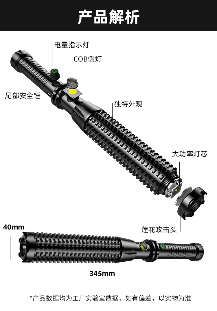 Strong Light Mace Flashlight Baseball Bat Fire Security Emergency Multi-Functional Waterproof Rechargeable Strong Light Wholesale
