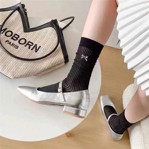 Summer butterfly knot girl medium thickness holes ultra-thin miu style solid color women's socks versatile mesh anti-slip stack socks