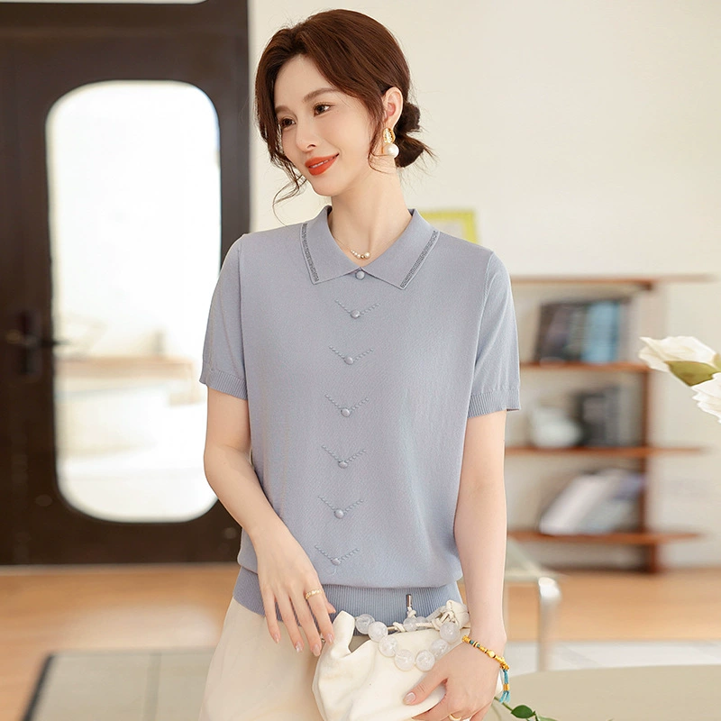 Иностранная мама летняя вязаная одежда из ледяного шелка 2025 новая средняя и пожилая женская летняя тонкая футболка с отворотом и короткими рукавами