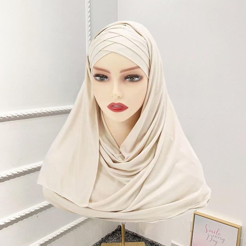 새로 출시된 3겹 크로스 브림 헤드스카프, 타이 랩 솔리드 컬러 머서리제이션 코튼 저지 롱 스카프 숄 베일