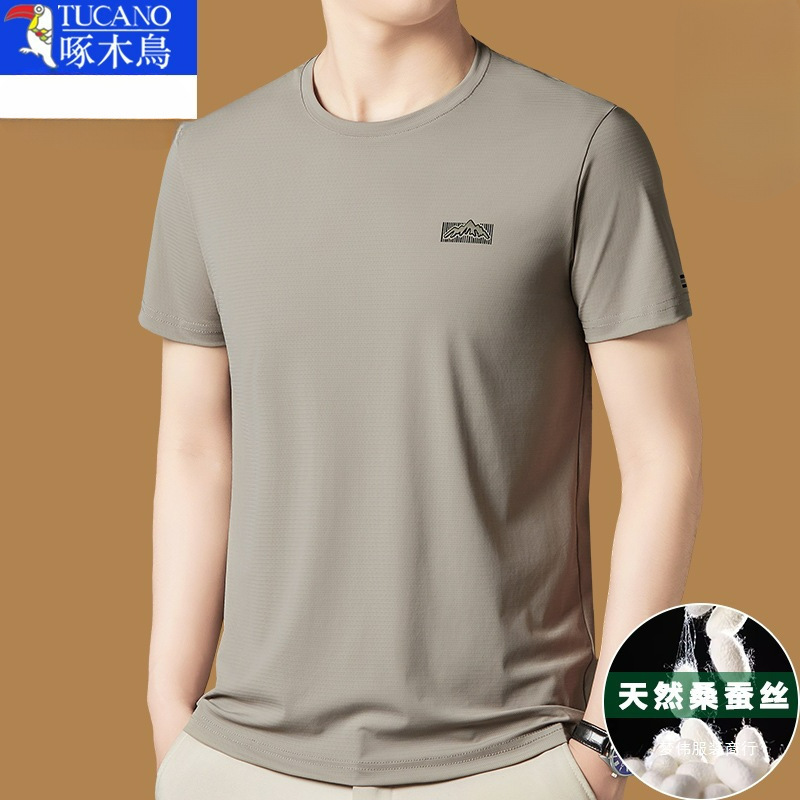 キツツキマルベリーシルク半袖 Tシャツメンズ 2025 新しい夏のラウンドネック Tシャツアイスシルク半袖メンズ Mengwei|undefined