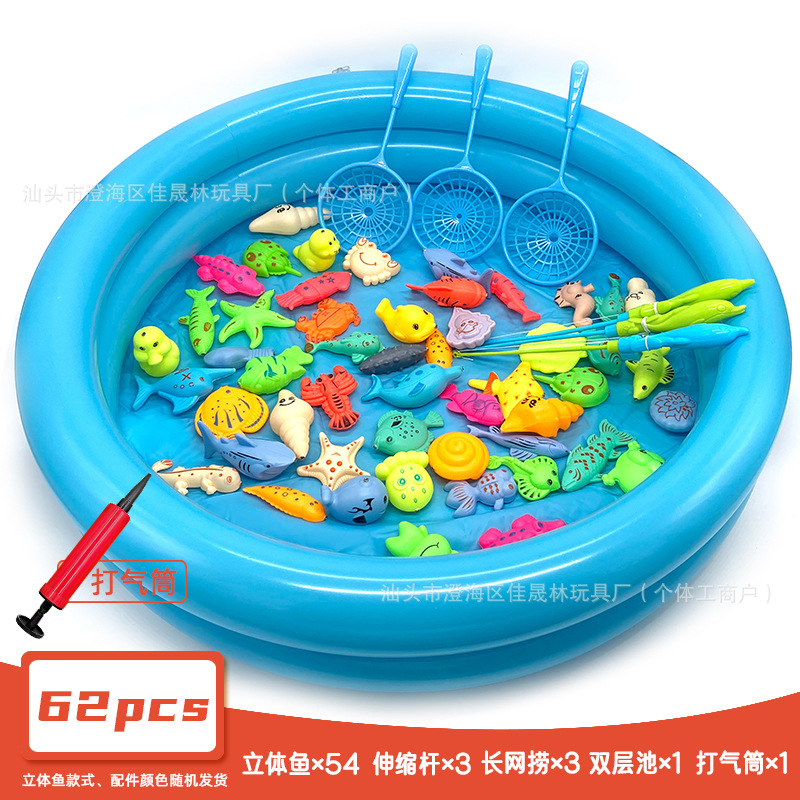 62개 세트(물고기 54개 + 막대 3개 + 낚시 3개 + 복층 풀 1개 + 펌프 1개)