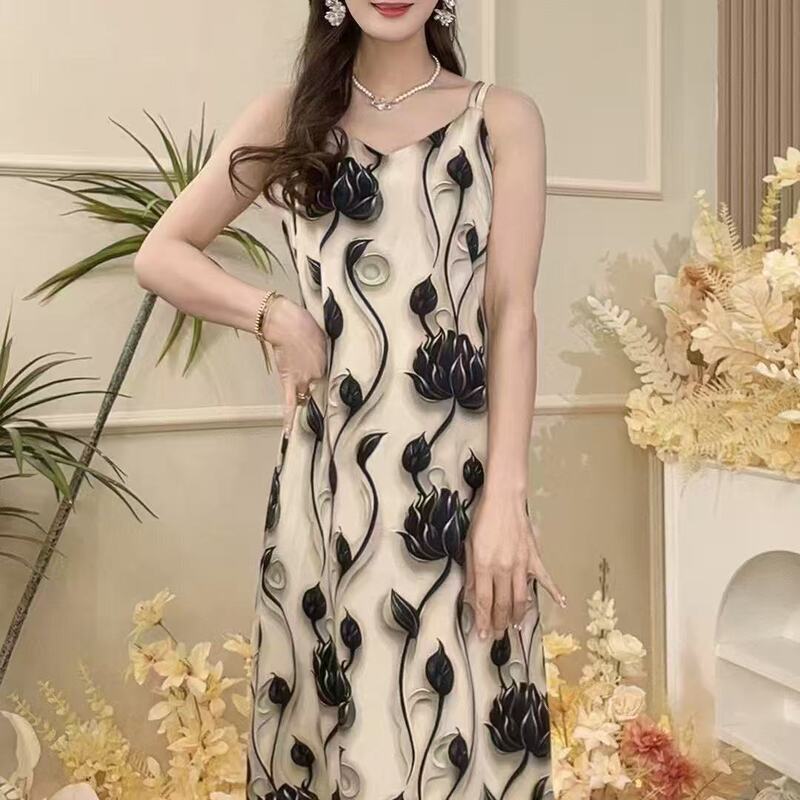 Dress, Elegant Printed Suspender Skirt, Floral Fashionable Long Skirt, Women's Sleeveless New Chinese Style Suspender Skirt, Floral Skirt for Outer Wear