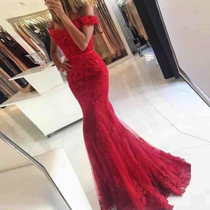 El Comercio exterior europeo y americano Amazon AliExpress desea nuevo fuera del hombro con cuentas sexy vestido de cola de pescado vestido de noche adelgazante