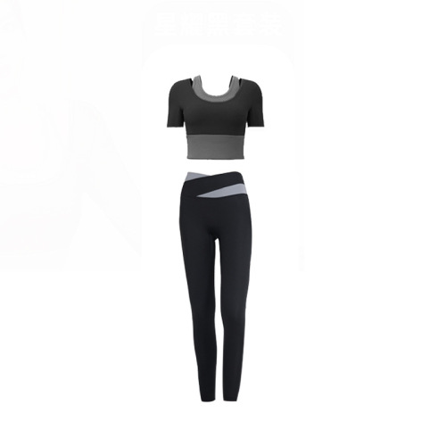 Naked navel-baring yoga clothes for women, sports yoga short-sleeved with chest pads, quick-drying fitness clothes, color-blocked yoga tops for women