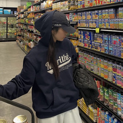 韩国ins小众 车银优复古美式印花棒球风毛圈卫衣连帽外套男女潮