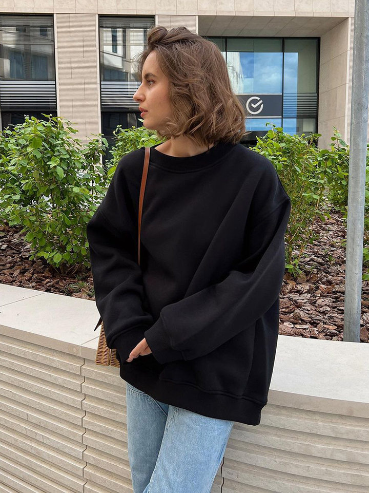 Áo sweatshirt nữ cổ tròn dáng rộng oversize tay dài chất liệu nỉ lông — Hoa màu xám, Màu cà phê, Màu trắng, Xanh navy chi tiết 13