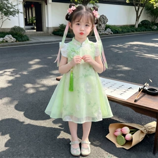 女童夏季旗袍裙新中式国风绣花连衣裙小女孩小飞袖公主裙小童裙子