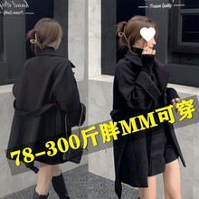 韩版秋冬胖大码毛呢外套女夹克宽松中长款风衣外套开衫斤潮