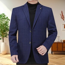 胖子男士西装外套中老年格子休闲加肥加大春秋宽松爸爸装韩版长袖