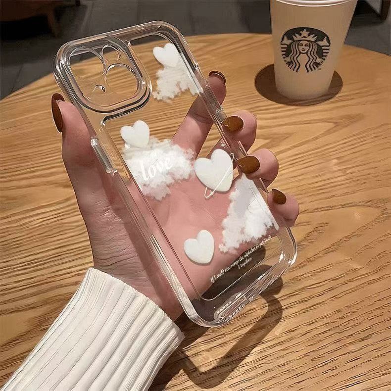 Funda con diseño de corazón en forma de nube, compatible con Apple 17 Pro Max, funda transparente a prueba de golpes para iPhone 16, estilo europeo y americano, cobertura total para iPhone 15, 14, 13.