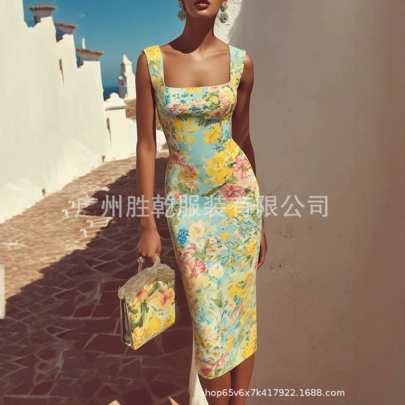 New Cross-Border Foreign Trade European and American Style Women's Fashion Floral Print Classic Square Neck Sleeveless Slim Fit Mid-Length Dress New Cross-Border Foreign Trade European and American Style Women's Fashion Floral Print Classic Square Neck Sleeveless Slim Fit Mid-Length Dress