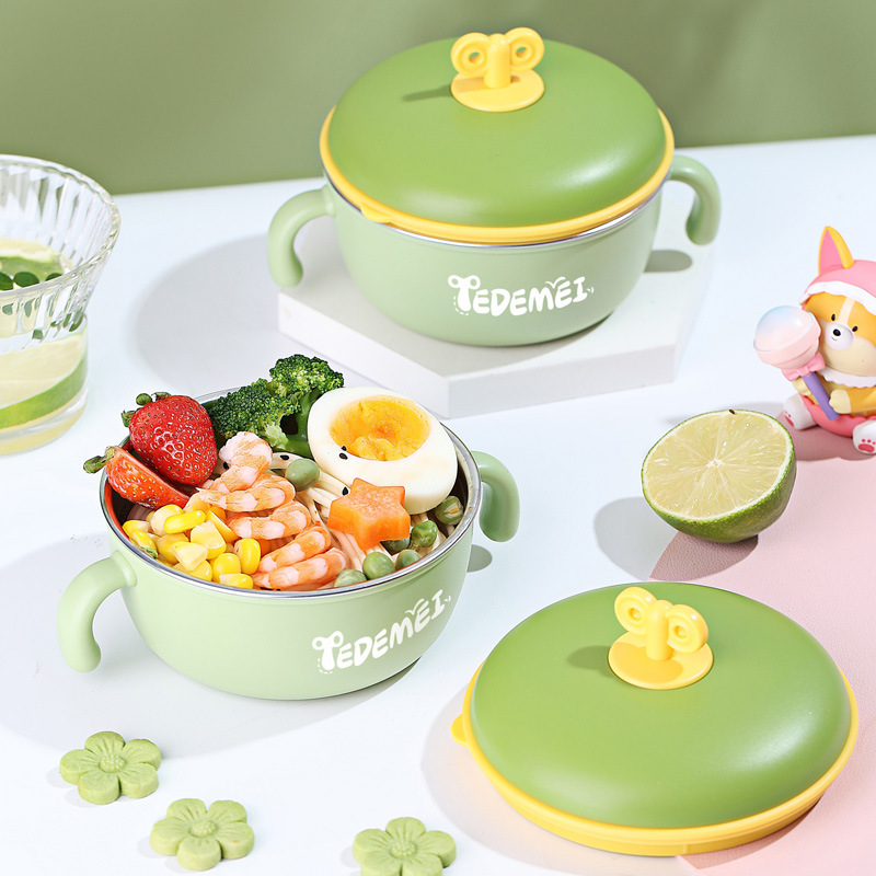 304 Stainless Steel Baby Food Bowl Sealed Portable Double Handle Lunch Box Children's Training Bowl with Lid and Tableware Rice Bowl