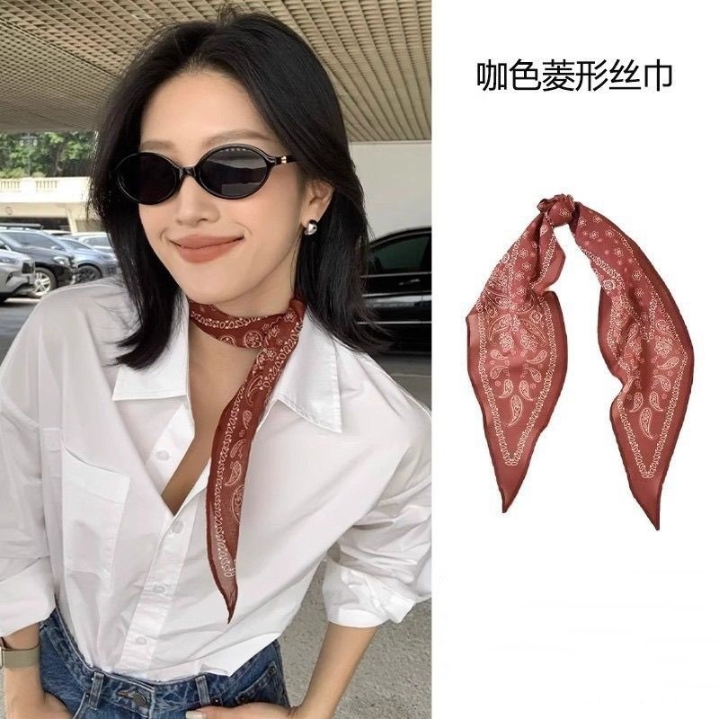 American Retro Cashew Flower Long Silk Scarf Ribbon Tied with Hairband and Spring Versatile Neck Scarf Soft Scarf