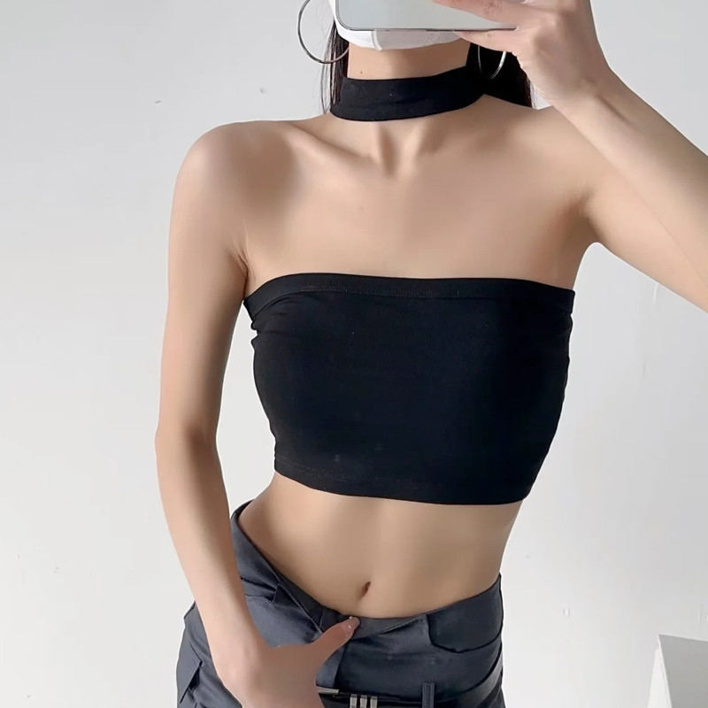 Hot Girl Sexy Stretch Tight Tube Top with Neck I-shaped Vest Women's 2023 Summer Short Umbilical Sling Top Trendy Hot Girl Sexy Stretch Tight Tube Top with Neck I-shaped Vest Women's 2023 Summer Short Umbilical Sling Top Trendy