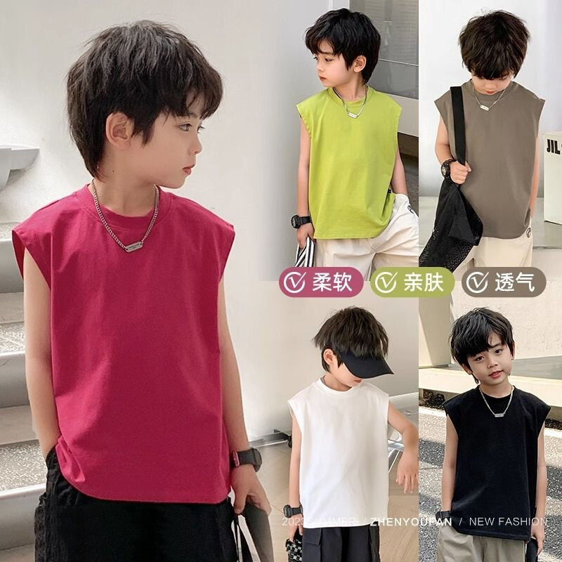 X218【26 Pieces Pure Cotton】Korean Style Children's Clothing for Boys and Girls, Solid Color Sleeveless T-Shirt Vest, Loose Fit