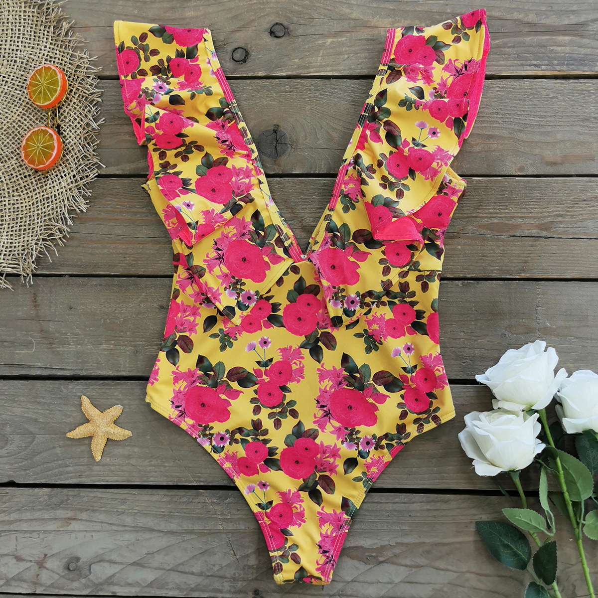 291g Weight Sleeveless Sleeve Length Polyester Fabric Type Short Top Length One-pieces Tops Type 1 Piece Quantity Swimming Occasion V Neck Neckline Slim Fit Type Flower Pattern Women's Gender Vacation Style Women's Vacation Flower 1 Piece One Piece Swimwear 18