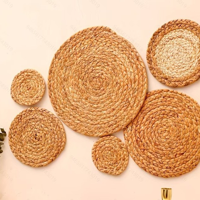 Juego de cesta de pared bohemia, decoración de paja tejida a mano para entrada, sala de estar y B&B, adornos colgantes