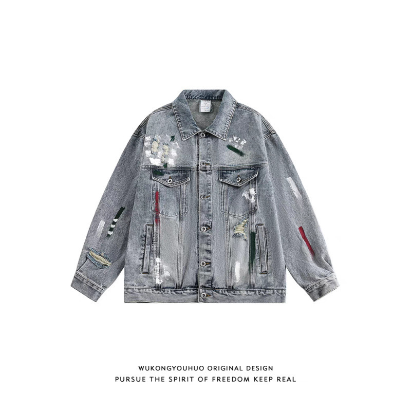 Spring and Autumn American Retro High Street Washed Ripped Graffiti Loose Casual Denim Jacket Coat Top Design
