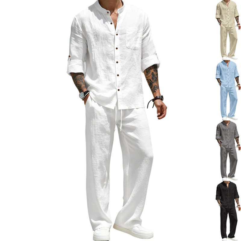 2025 Cross-Border American-Style Men's Shirt, Men's Long-Sleeve Retro Stand-Collar Spring and Autumn Linen Youth Long-Sleeve Long Pants Set