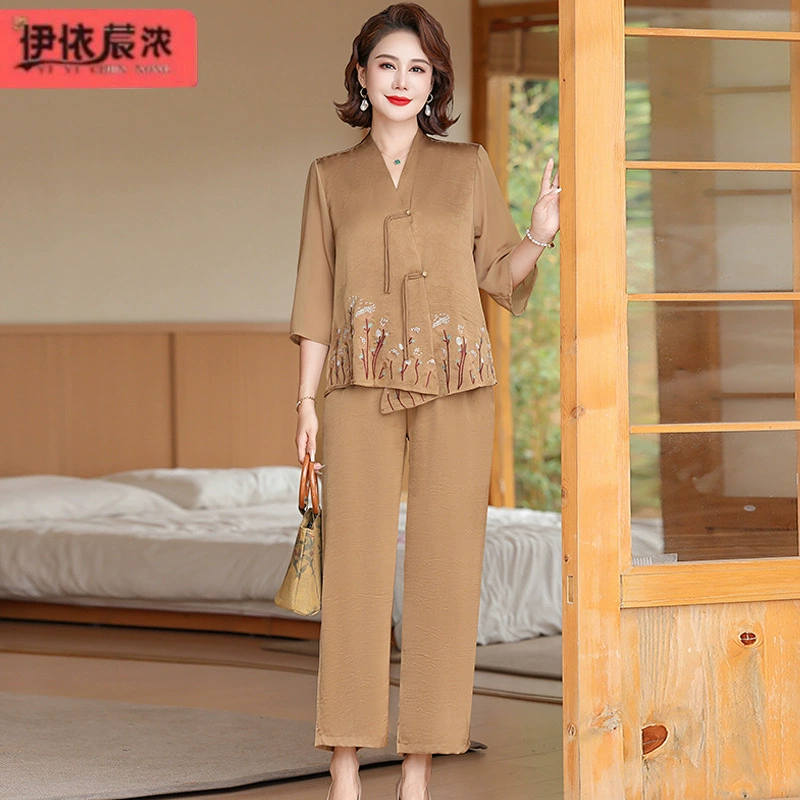 Темпераментный костюм мамы в китайском стиле с короткими рукавами 45-летняя женщина среднего возраста высокого качества не легко сморщить с короткими рукавами