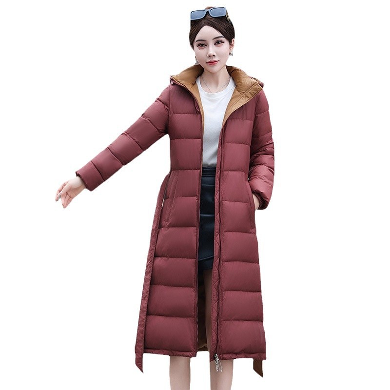 2025 nueva chaqueta de algodón de rodilla de color de contraste chaqueta de algodón de moda larga chaqueta de algodón fría y cálida abrigo de algodón suelto