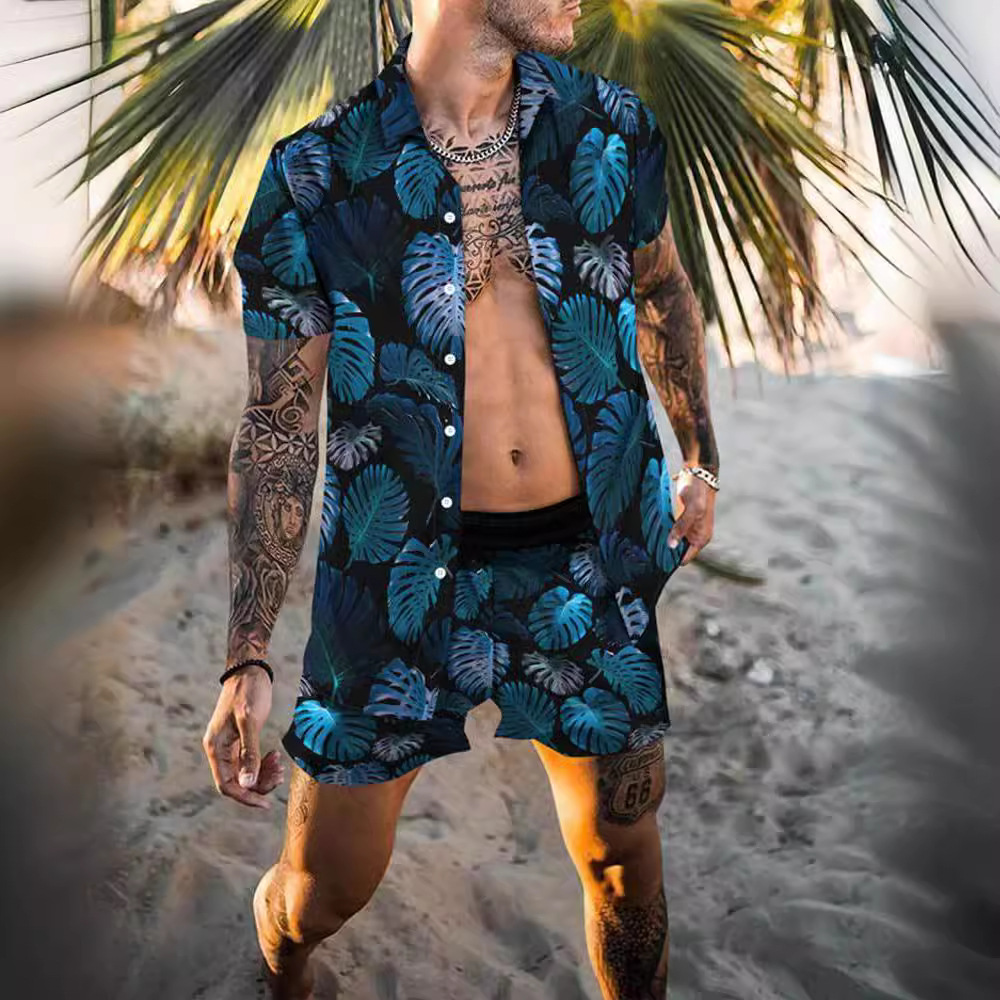 크로스 보더 소스 공장 여름 3D 디지털 인쇄 품질 남자의 반팔 느슨한 셔츠 세트 비치 스타일
