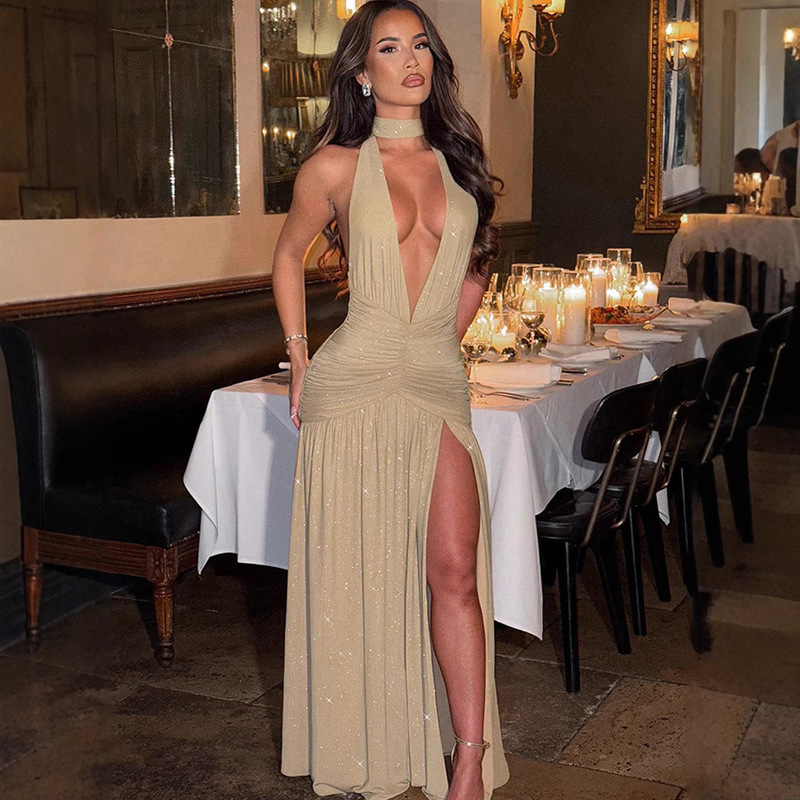 AliExpress 2025 summer Europe and the United States cross-border new bright silk V-neck split neck bandage sexy dress