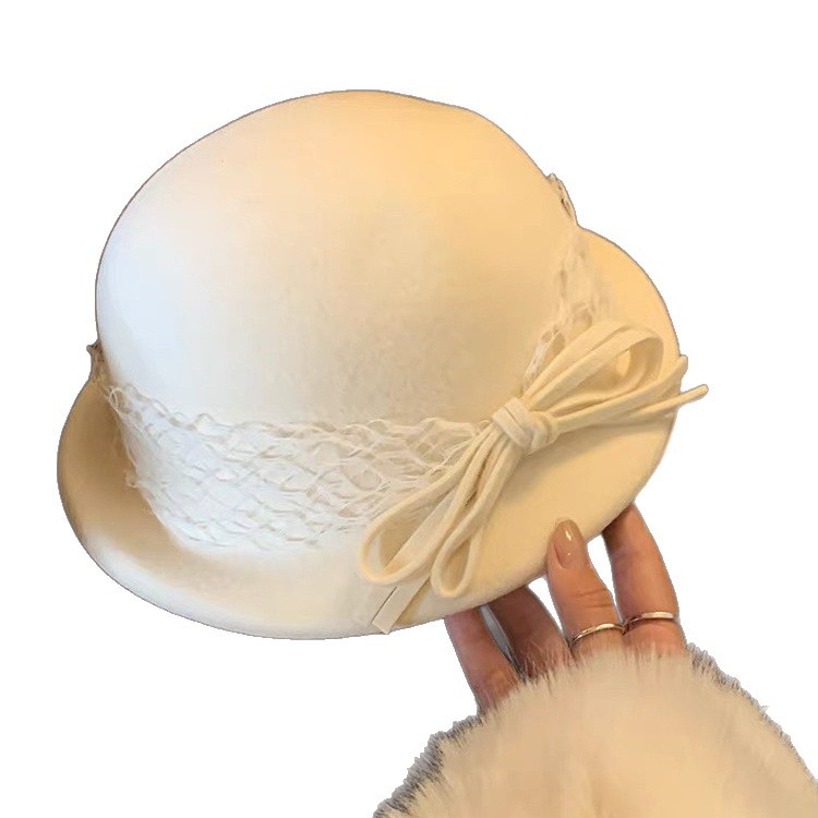Damen-Wollbarett mit Spitze und Schleife für den Winter – der neue Hepburn-Vintage-Rundzylinder_voghion.com
