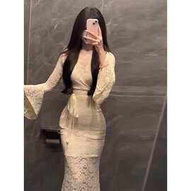 御姐风气质性感V领蕾丝连衣裙女高端宴会黑色长袖收腰包臀鱼尾裙