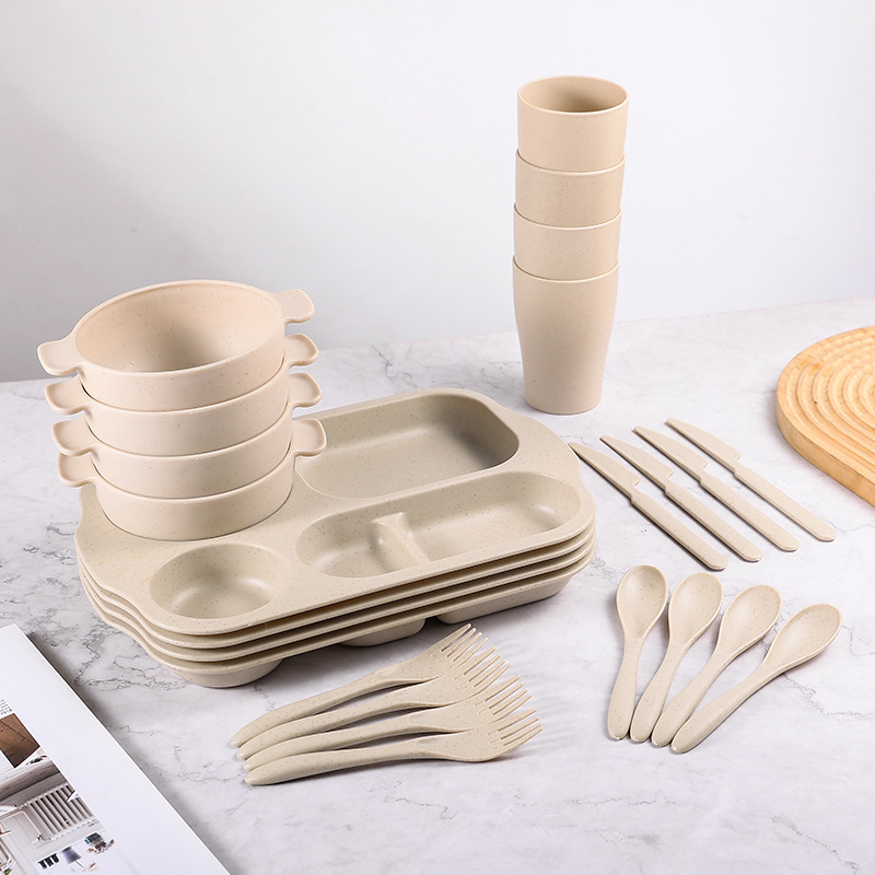 Plato de comedor para niños 24 piezas set de paja de trigo jardín de infantes anti-caída taza de plato de comedor cuchillo y tenedor cuchara set
