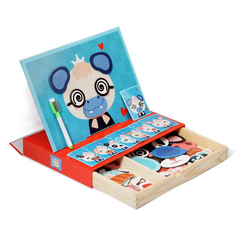 Rompecabezas de expresión animal magnético de madera para niños rompecabezas de doble cara bebé educación temprana Ilustración juguete ensamblado