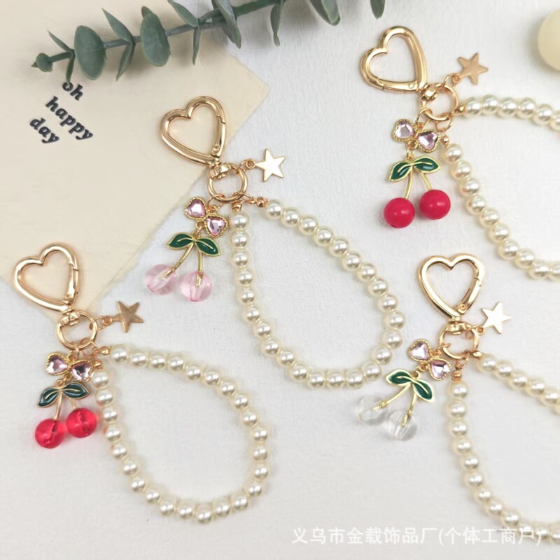 韩版ins珍珠蝴蝶结钥匙扣 少女樱桃树脂精致包包挂件汽车挂饰现货|undefined