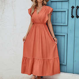 跨境亚马逊欧美气质 纯色连衣裙2024新款女V领设计无袖长款连衣裙