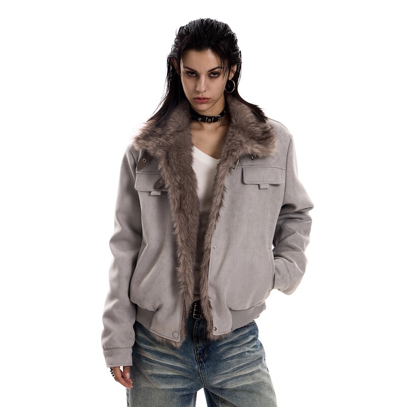 Suede Winter Stand Collar Jacket Thickened Snowflake Velvet Unisex American Retro Motorcycle Cotton Coat