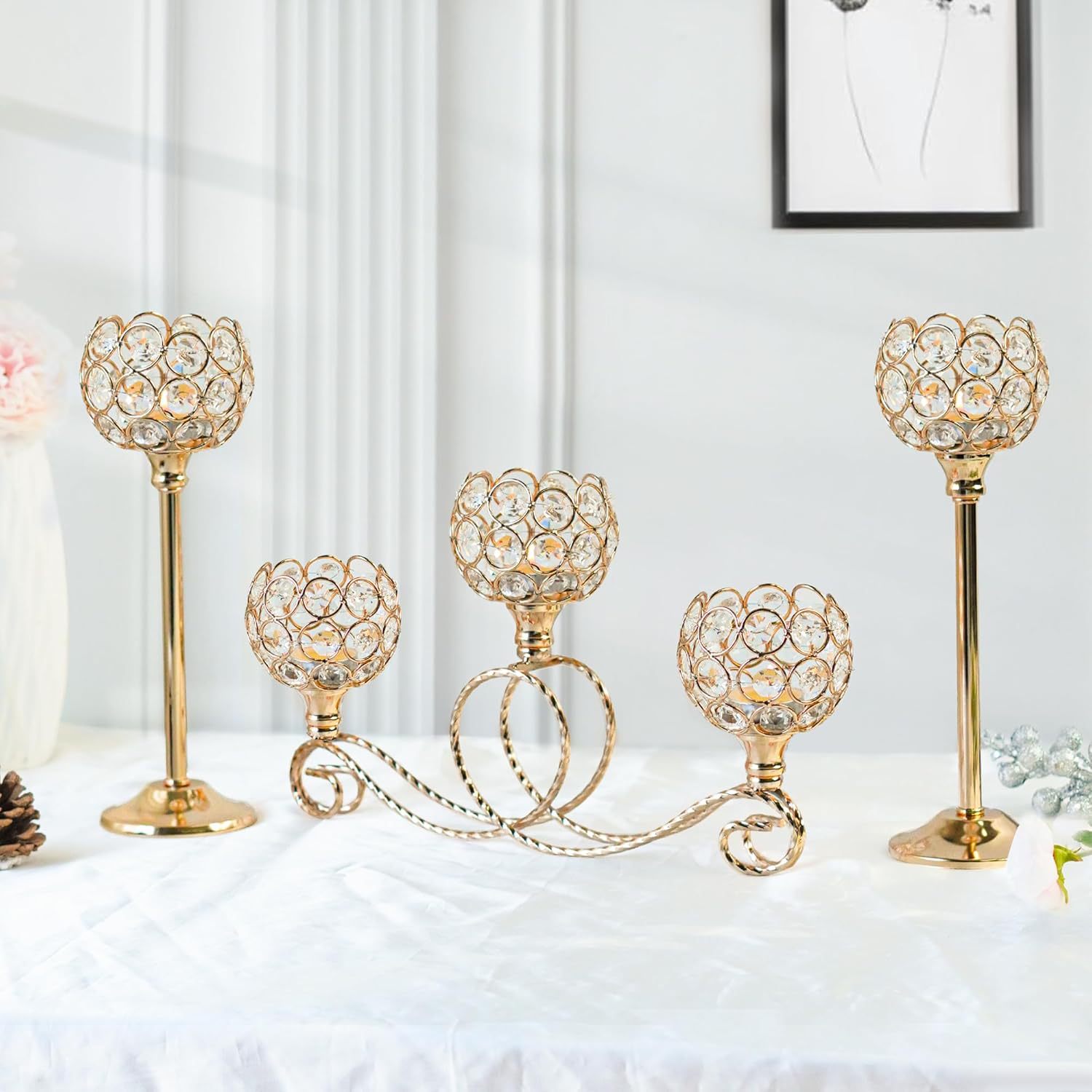 Amazon Metal chapado 3 cabezas 5 brazos combinación de té de cristal candelabro elegante mesa de boda centro decorativo candelabro