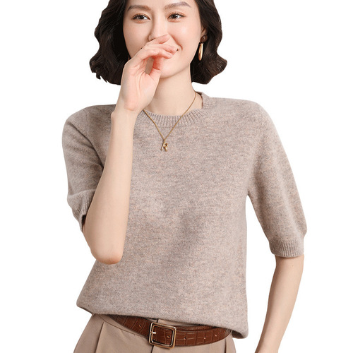 Spring and Autumn New Knitted Short Sleeve Women's Five-Finger Sleeve Round Neck Turtleneck Thin Wool Knitted Base Shirt Half Sleeve Sweater