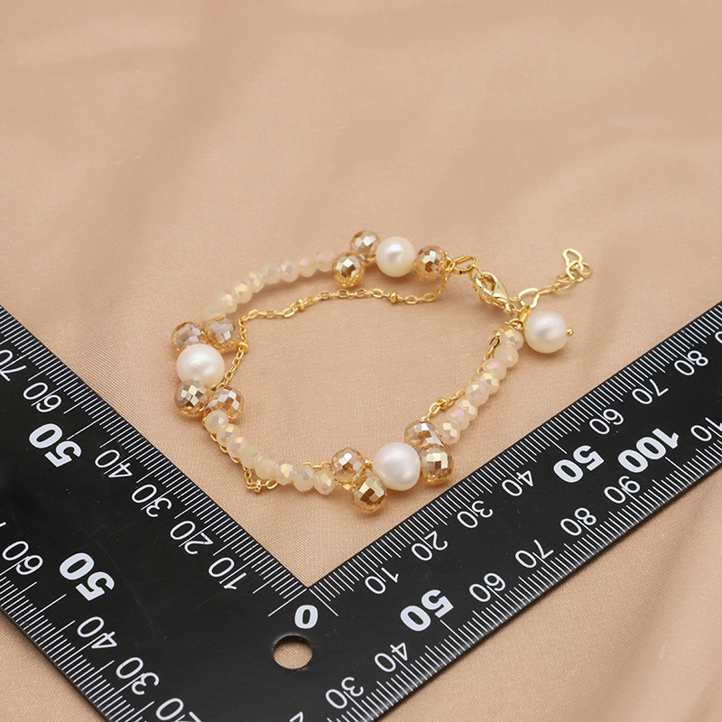 Pulseras de perlas de agua dulce naturales polvo de proteína de cristal simple temperamento polifacé pulseras de oro real de 18k joyas de pulseras galvanizadas