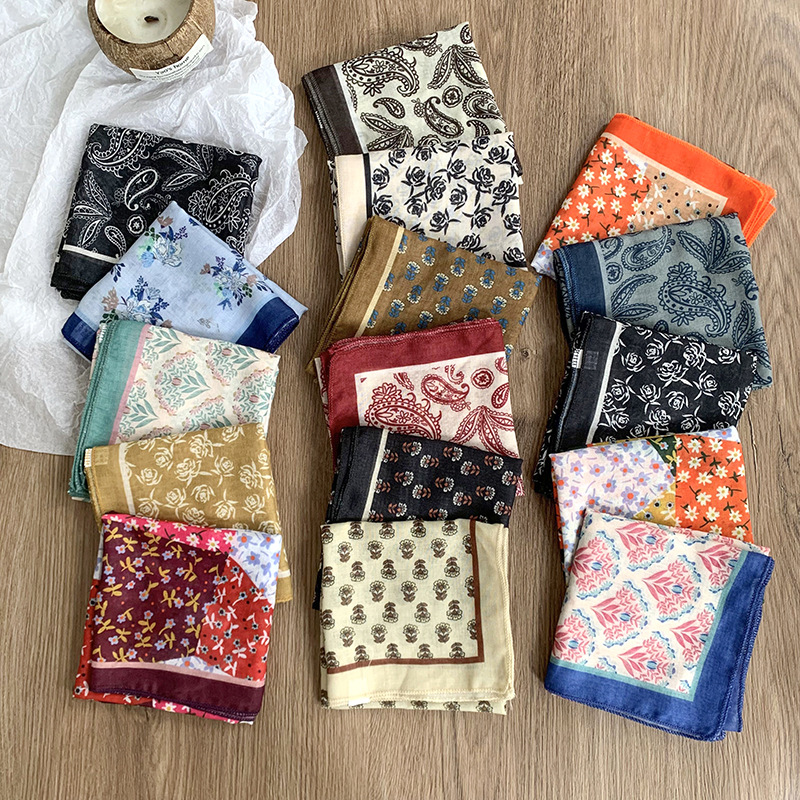 Pañuelo de seda de algodón y lino, bufanda cuadrada, sensación premium, nueva bufanda decorativa de todo fósforo de verano, pañuelo en la cabeza delgado, cinta para el cabello, cinta para el cabello