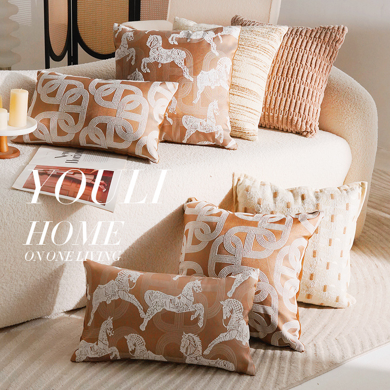 Funda de almohada de sofá de alta gama francesa de lujo ligero de estilo medio marrón, nueva almohada simple china, cojín de cabecera, respaldo