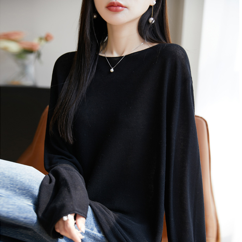 女性用ワンラインカラールーズニットセーター2025春夏新作エアコン付きルーム長袖アウター微透けレイジースタイルトップ|undefined